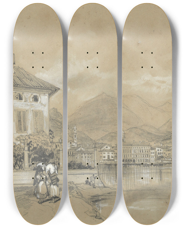 Triptych art skateboard deck of Edward Lear Lugano by Edward Lear (1812-1888)