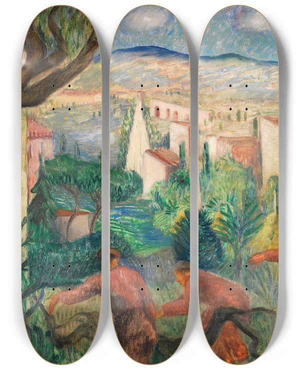 Triptych art skateboard deck of Josef Eberz Sommertag In Der Campagna by Josef Eberz (1880-1942)