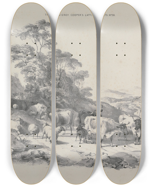 Triptych art skateboard deck of Thomas Sidney Cooper Thomas Sydney Coopers Cattle Subjects Pl28 by Thomas Sidney Cooper (1803-1902)