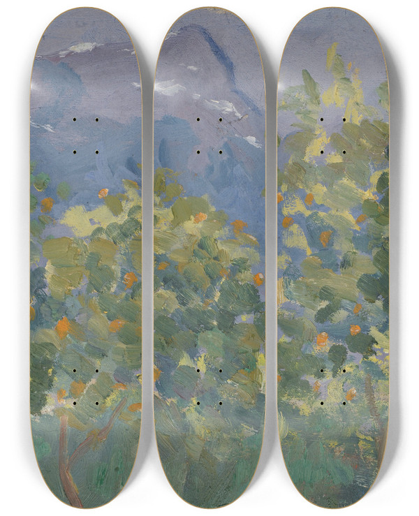Triptych art skateboard deck of Ernst Schiess Orange Trees And Distant Mountain by Ernst Schiess (1872-1919)