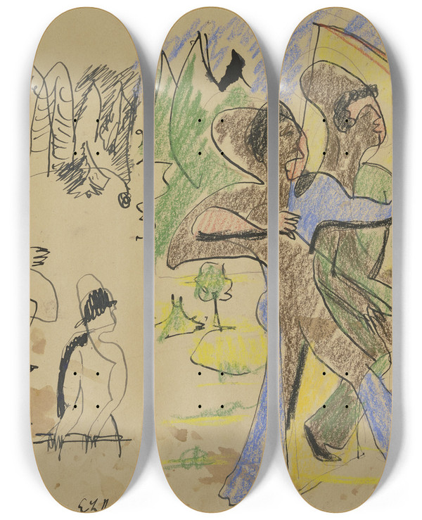 Triptych art skateboard deck of Ernst Ludwig Kirchner Archers_3 by Ernst Ludwig Kirchner (1880-1938)