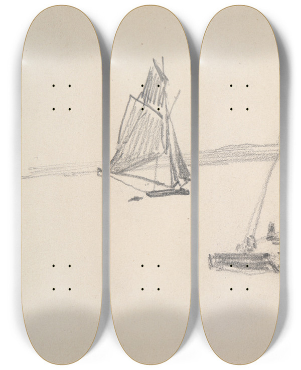 Triptych art skateboard deck of Johan Barthold Jongkind Two Sailboats On Calm Water by Johan Barthold Jongkind (1819-1891)
