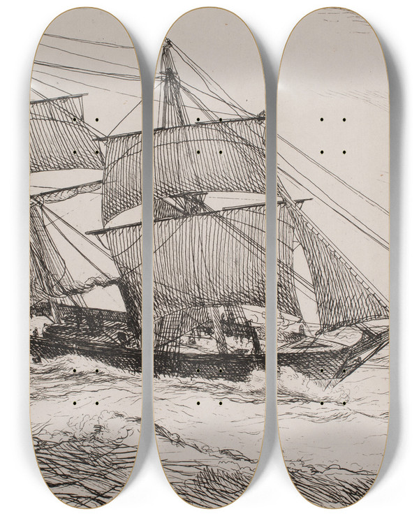 Triptych art skateboard deck of Emanuel Larsen En Orlogsskonnert by Emanuel Larsen (1823-1859)