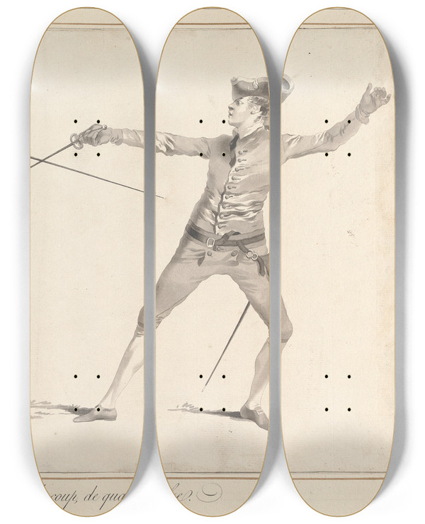 Triptych art skateboard deck of James Gwin De La Parade Du Demicercle Sur Le Coup De Quarte Basse by James Gwin (1720-1769)