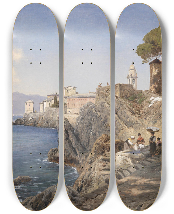Triptych art skateboard deck of Ascan Lutteroth Am Ufer Von Sturla by Ascan Lutteroth (1842-1923)