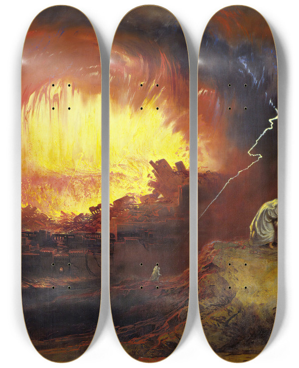 Triptych art skateboard deck of John Martin Sodom And Gomorrah by John Martin (1789-1854)
