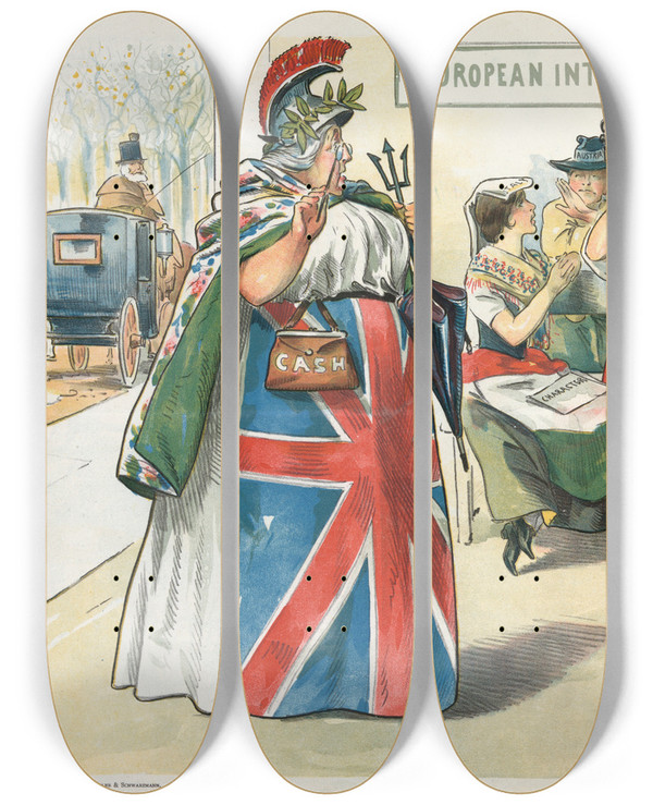 Triptych art skateboard deck of Charles Jay Taylor Help Wanted by Charles Jay Taylor (1855-1929)