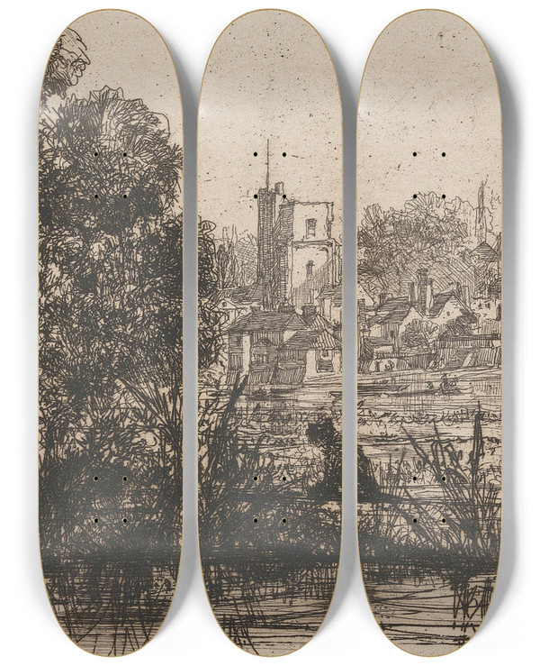 Triptych art skateboard deck of Francis Seymour Haden Twickenham Church by Francis Seymour Haden (1818-1910)