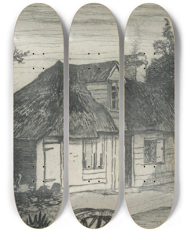 Triptych art skateboard deck of Edgar M Wilson Toll Gate by Edgar M Wilson