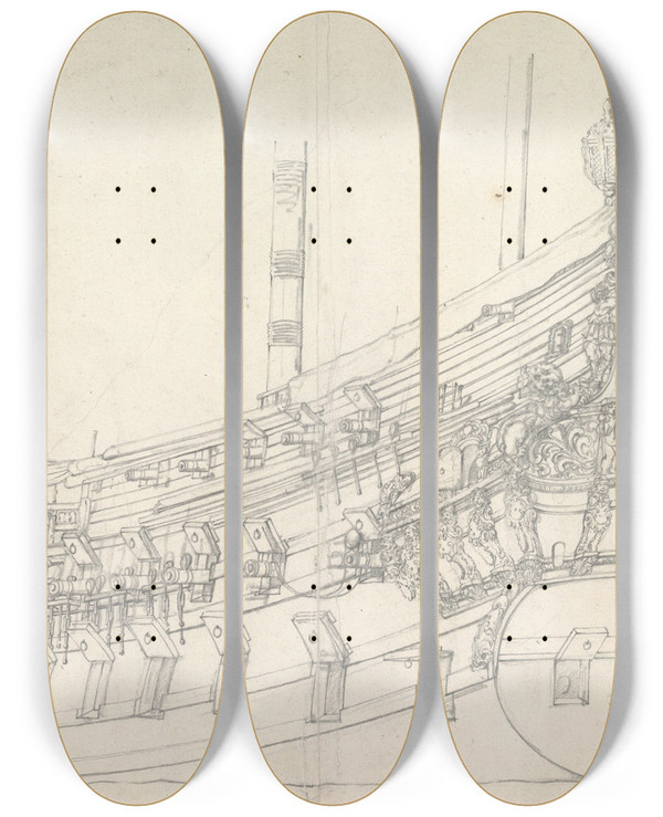 Triptych art skateboard deck of Willem Van De Velde The Elder Dutch Ship The Tholen by Willem van de Velde the Elder (1610-1693)