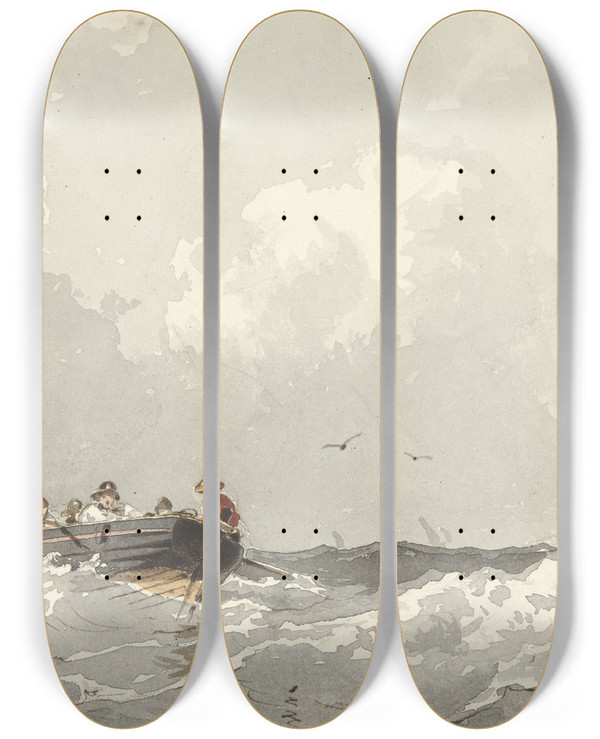 Triptych art skateboard deck of Frans Arnold Breuhaus De Groot Roeiboot Op Zee by Frans Arnold Breuhaus De Groot (1824-1872)