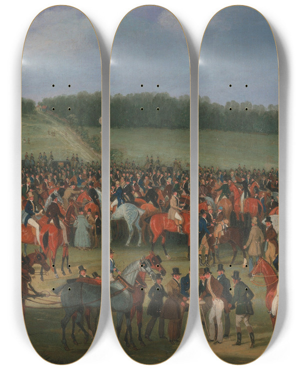 Triptych art skateboard deck of James Pollard Epsom Races The Betting Post by James Pollard (1792-1867)