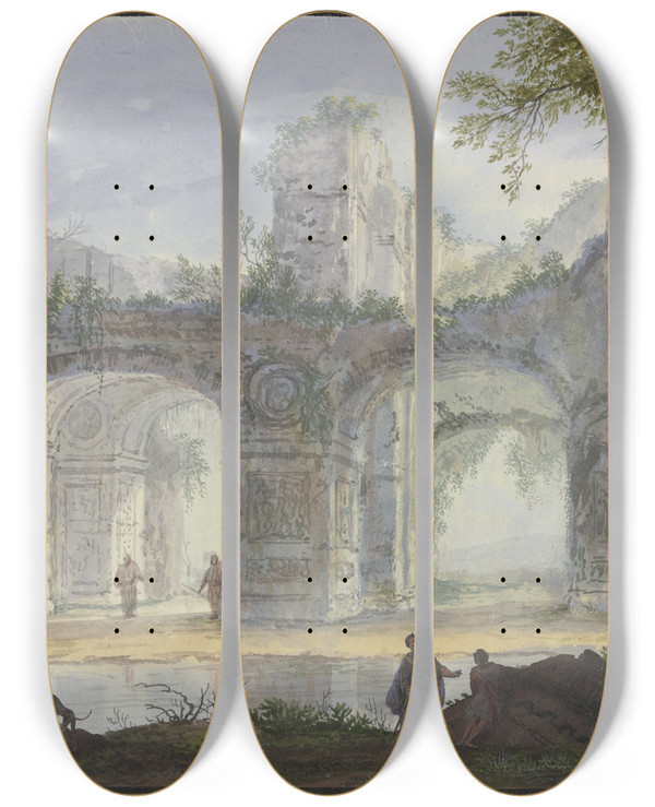 Triptych art skateboard deck of Abraham Rademaker Landscape With Ancient Archway by Abraham Rademaker (1675-1735)
