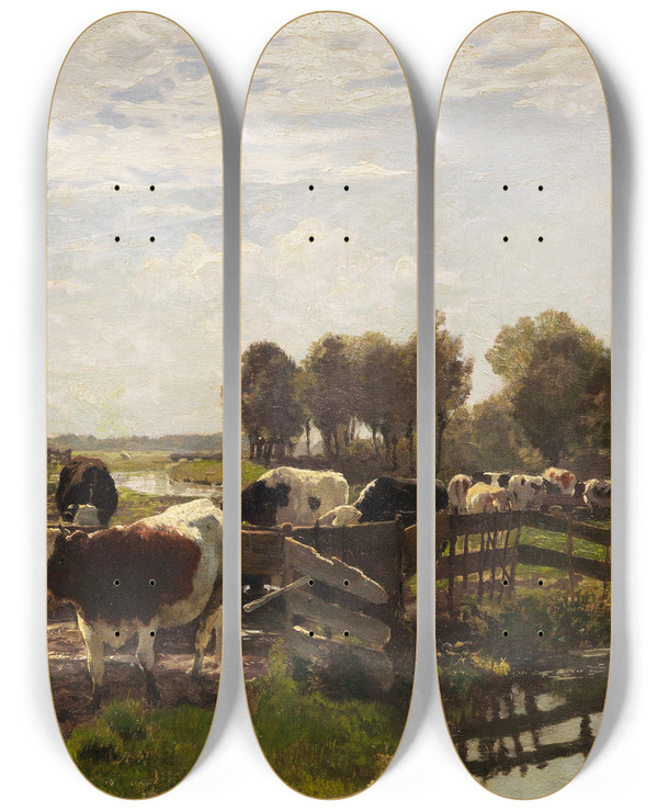 Triptych art skateboard deck of Hermann Baisch Weidetiere In Flusslandschaft by Hermann Baisch (1846-1894)