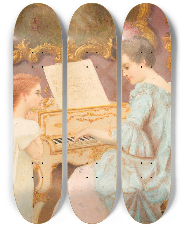 Triptych art skateboard deck of Benno Sachs The Piano Lesson by Benno Sachs