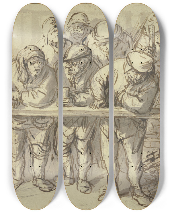 Triptych art skateboard deck of Isaac Van Ostade Zuschauer Hinter Einem Gelnder by Isaac Van Ostade (1621-1649)