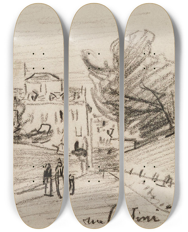 Triptych art skateboard deck of Johan Barthold Jongkind Rue Cassini 9Me Arrondissement by Johan Barthold Jongkind (1819-1891)