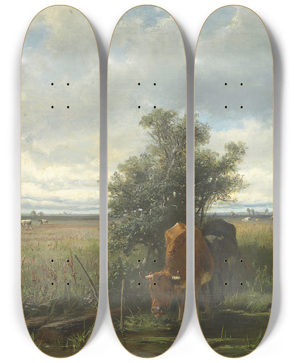 Triptych art skateboard deck of Anton Mauve Cattle Watering by Anton Mauve (1838-1888)