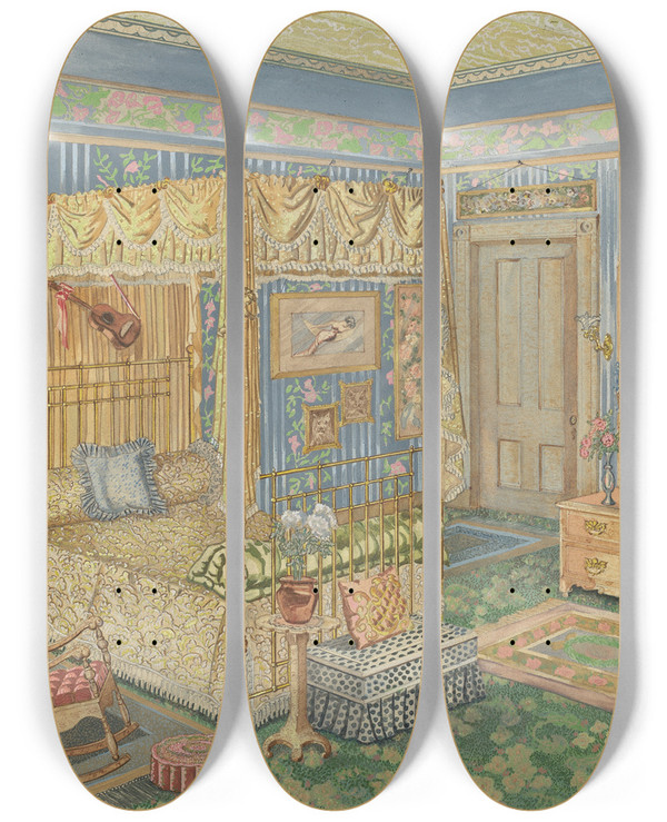 Triptych art skateboard deck of Perkins Harnly Womans Bedroom by Perkins Harnly (1901-1986)