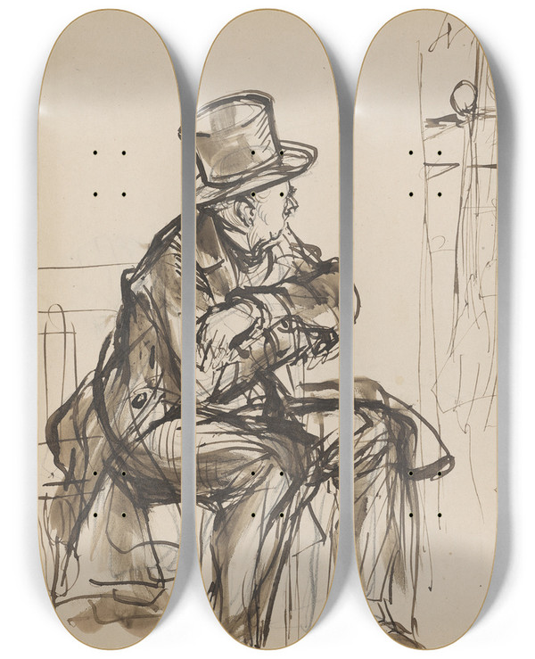 Triptych art skateboard deck of Alfred Dehodencq Scene At A Paris Cafe by Alfred Dehodencq (1822-1882)
