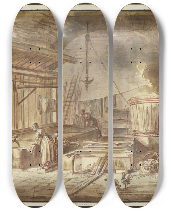 Triptych art skateboard deck of Jeanbaptiste Lallemand Das Innere Einer Waschanstalt by Jean-Baptiste Lallemand (1716-1805)