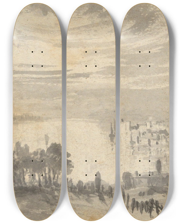 Triptych art skateboard deck of Robert Walter Weir Landscape Town On Abay by Robert Walter Weir (1803-1889)