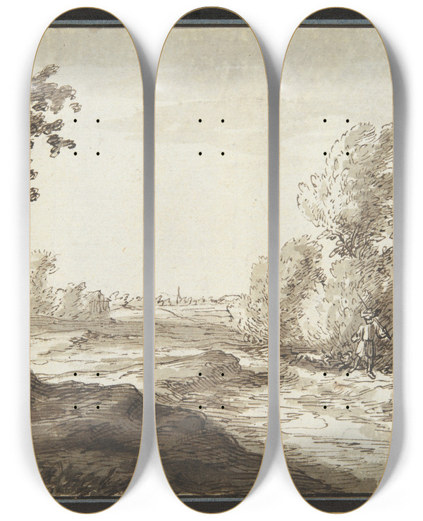 Triptych art skateboard deck of Gillis Neyts Landscape With Hunter Anddogs by Gillis Neyts (1618-1678)