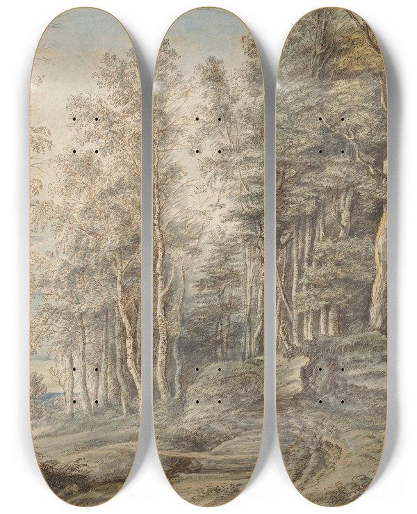 Triptych art skateboard deck of Lucas Van Uden Boslandschap by Lucas Van Uden (1595-1672)