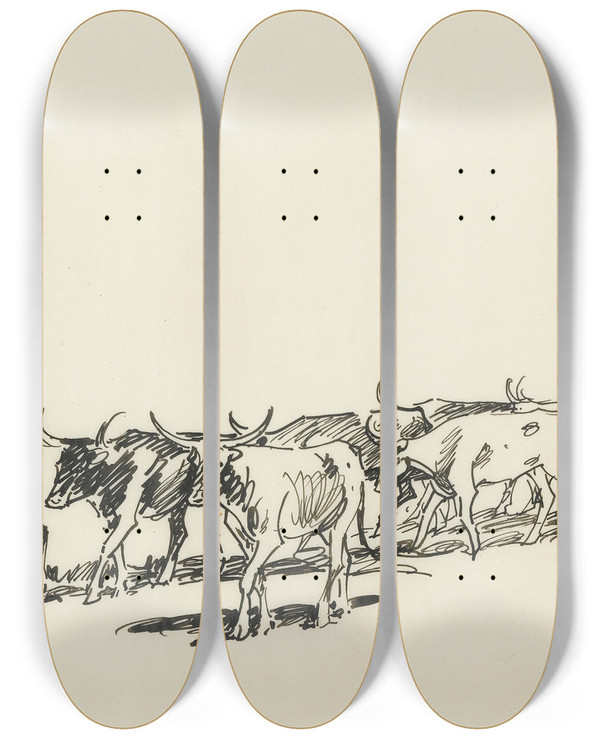Triptych art skateboard deck of Edward Borein Standing Herd by Edward Borein (1872-1945)