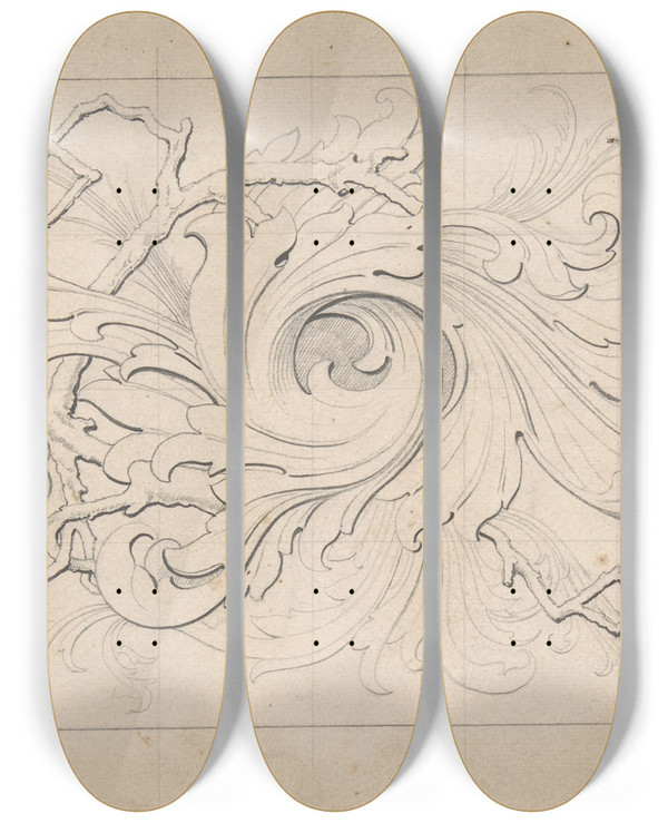 Triptych art skateboard deck of Robert William Hume Designs For Borders And Corners Acanthus_1 by Robert William Hume (1816-1904)