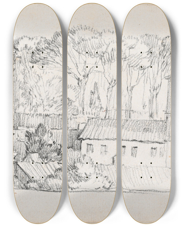 Triptych art skateboard deck of Josephmarie Vien Roman Rooftops by Joseph Marie Vien (1716-1809)