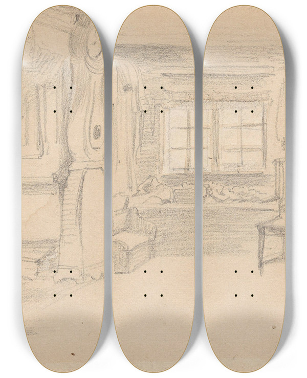 Triptych art skateboard deck of Adolph Tidemand Interir Med Gulvklokke Mora by Adolph Tidemand (1814-1876)