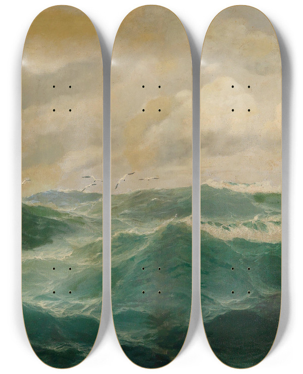 Triptych art skateboard deck of Max Jensen Mwen Ber Einer Bewegten Seelandschaft by Max Jensen (1860-1907)