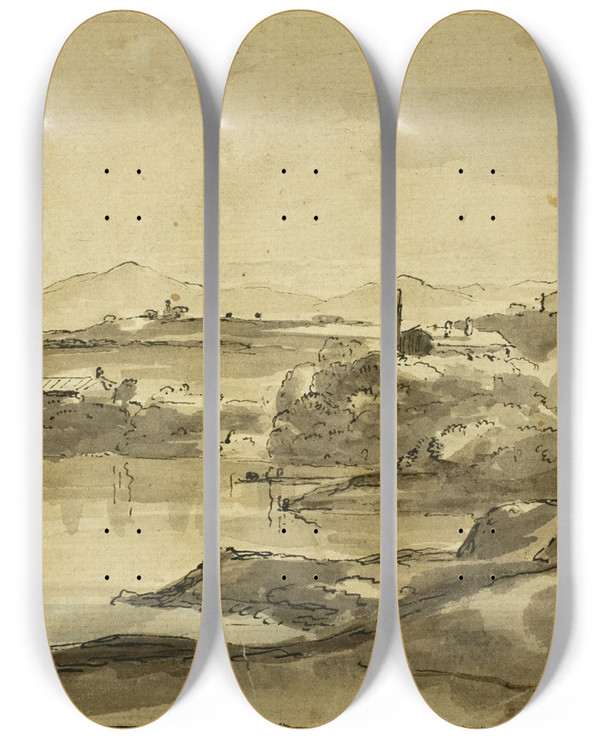 Triptych art skateboard deck of Adam Pynacker Landscape With Fisherman In Lake by Adam Pynacker (1615-1673)
