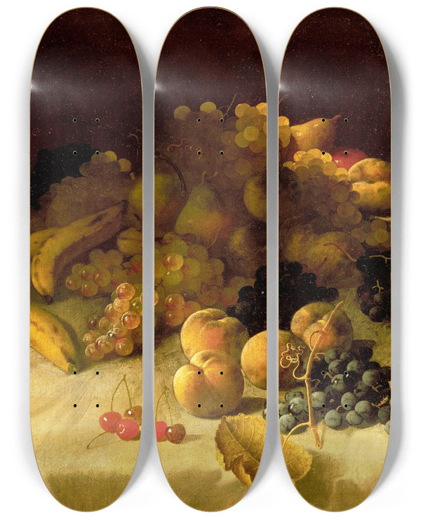 Triptych art skateboard deck of Carducius Plantagenet Ream Fruit Piece by Carducius Plantagenet Ream (1838-1917)