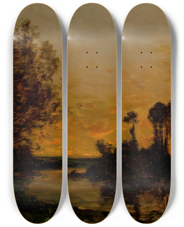 Triptych art skateboard deck of Hippolyte Camille Delpy Un Soleil Couchant Au Rive by Hippolyte Camille Delpy (1842-1910)