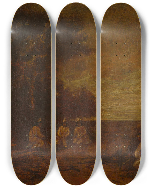 Triptych art skateboard deck of Ralph Albert Blakelock Moonlit Landscape Withindians by Ralph Albert Blakelock (1847-1919)