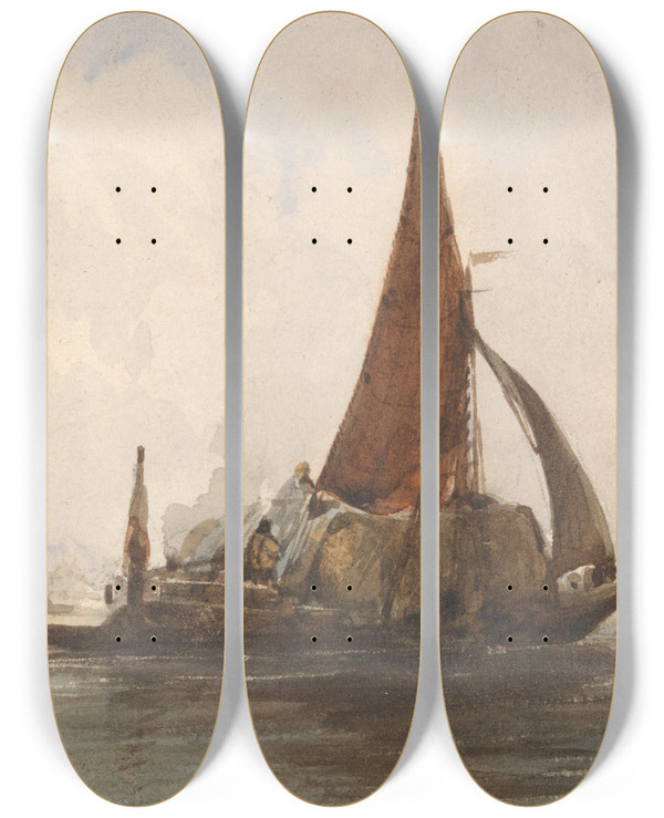 Triptych art skateboard deck of Charles Bentley Hay Barge In A Calm Sea by Charles Bentley (1808-1854)