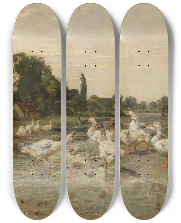Triptych art skateboard deck of Hermann Baisch Gnse Am Dorfweiher by Hermann Baisch (1846-1894)