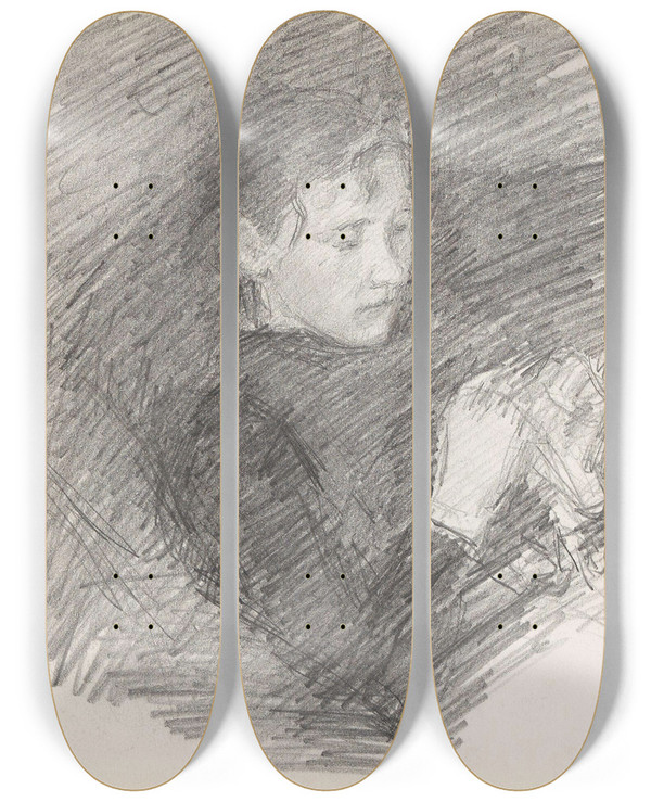 Triptych art skateboard deck of Signe Scheel Kvinneportrett Fragment by Signe Scheel (1860-1942)