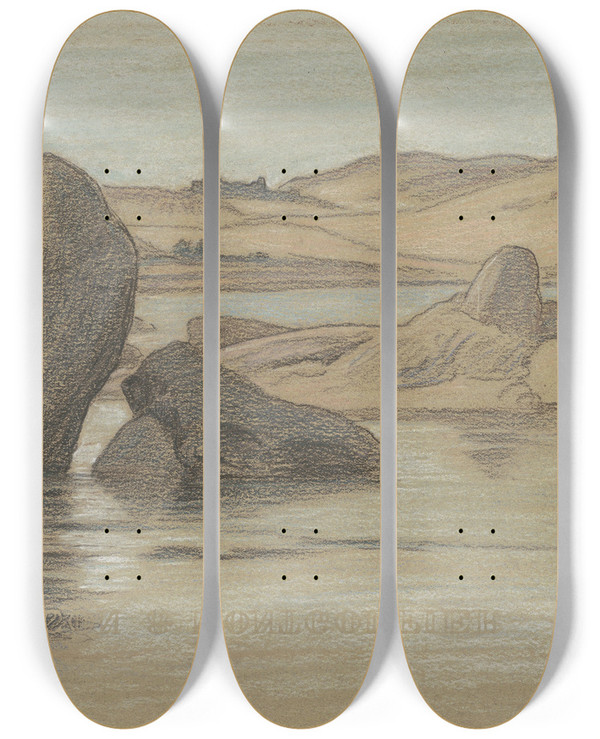 Triptych art skateboard deck of Elihu Vedder Nile Journeyno 22 by Elihu Vedder (1836-1923)