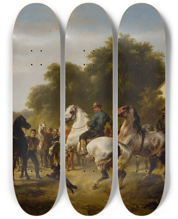 Triptych art skateboard deck of Wouterus Verschuur The Horse Fair by Wouterus Verschuur (1812-1874)