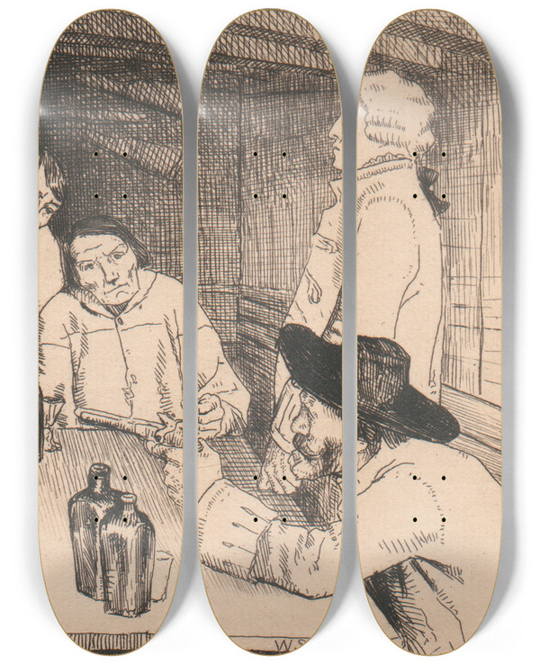 Triptych art skateboard deck of William Strang The Pirates Council by William Strang (1859-1921)