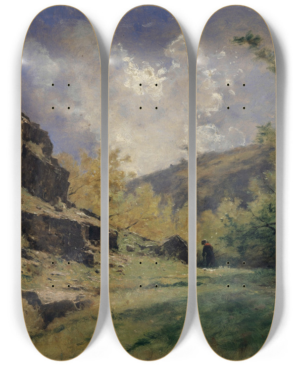 Triptych art skateboard deck of Gustave Castan Rocky Landscape by Gustave Castan (1823-1892)