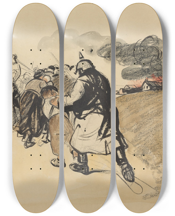Triptych art skateboard deck of Jeanlouis Forain German Raid On A Village by Jean Louis Forain (1852-1931)