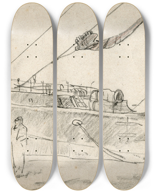 Triptych art skateboard deck of Adolf Le Comte Grote Zeilboot Aangemeerd Bij De Kade by Adolf Le Comte (1850-1921)