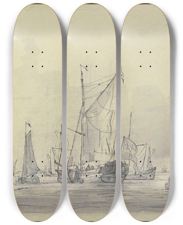 Triptych art skateboard deck of Gerrit Groenewegen Viele Schiffe Bei Ruhiger See Links Vorn Zwei Ruderboote by Gerrit Groenewegen