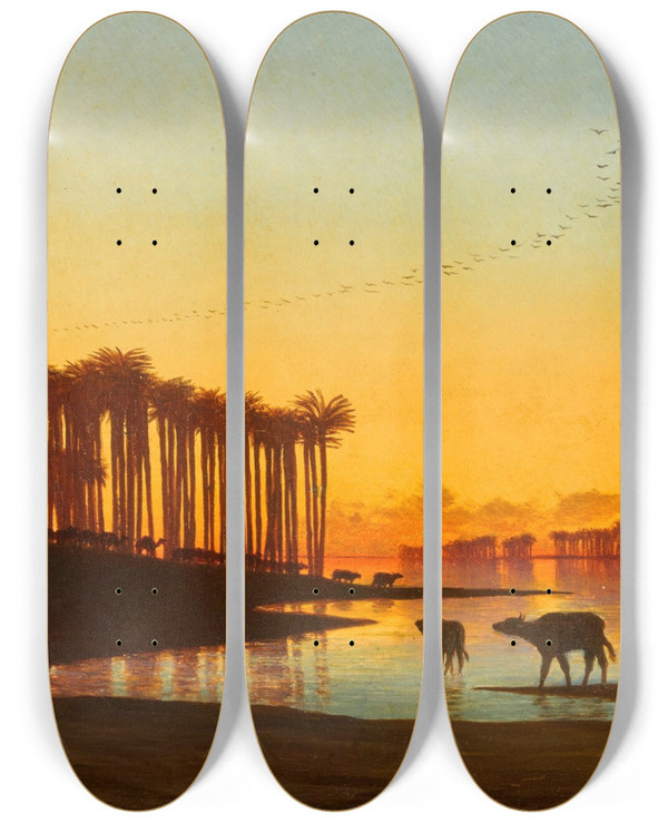Triptych art skateboard deck of Charles Thodore Frre Dawn On The Nile by Charles Theodore Frere (1814-1888)