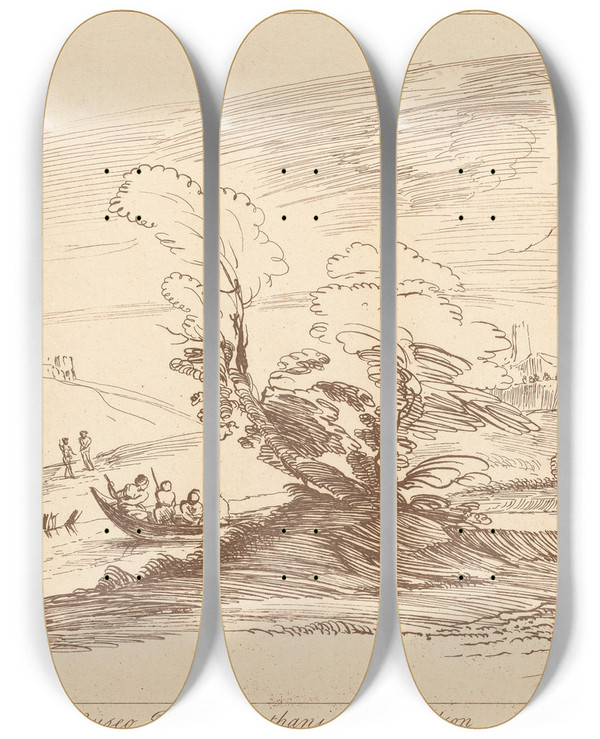 Triptych art skateboard deck of George Knapton Landscape And Stream Crossing by George Knapton (1698-1778)