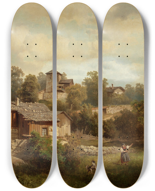 Triptych art skateboard deck of Josef Thoma Alpine Landscape With Peasants by Josef Thoma (1828-1899)